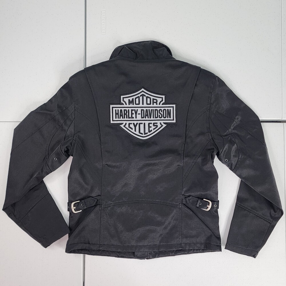 Harley Davidson Women S Motorcycle Jacket Black Nylon Spell Out Logo Patch Used
